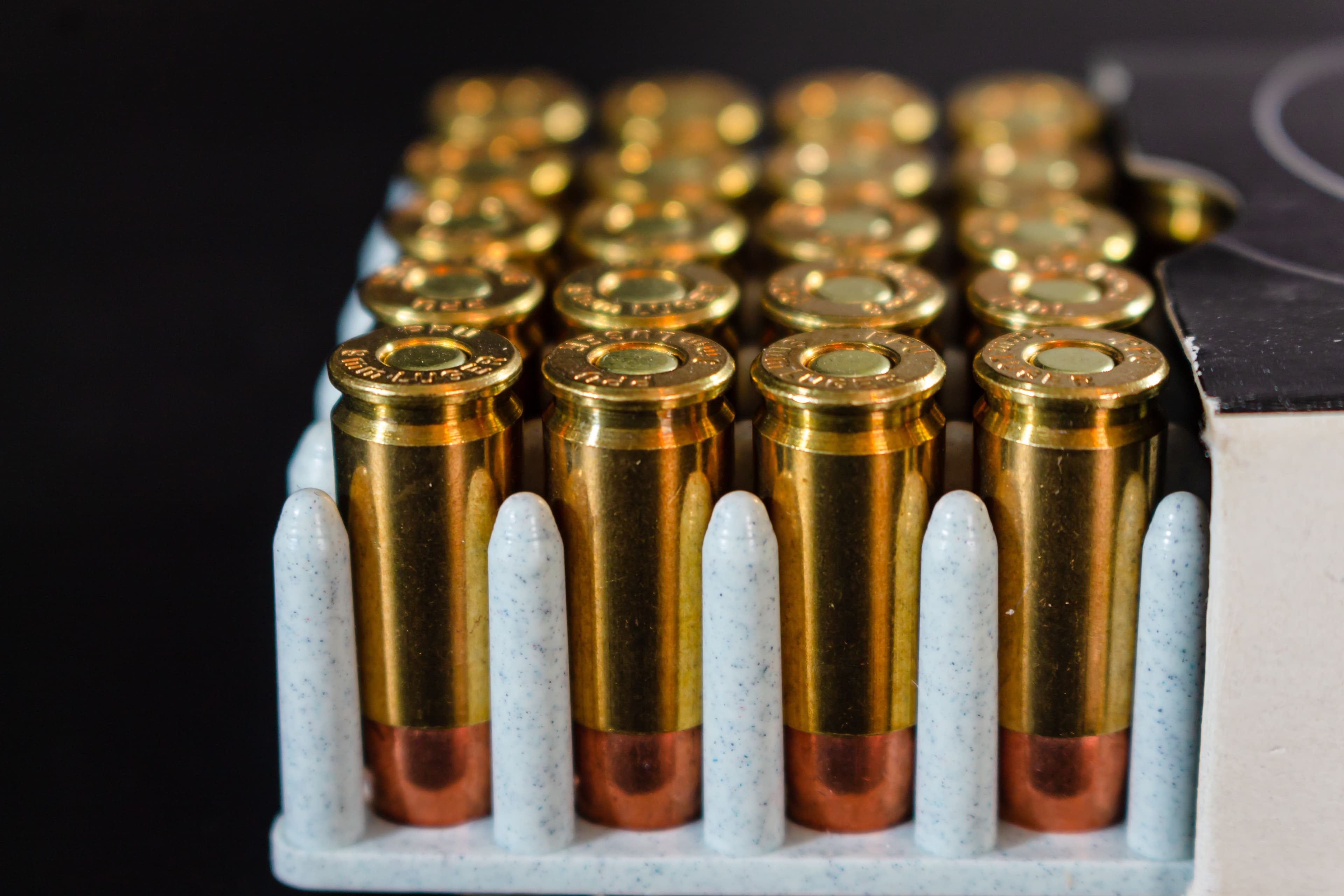 Close-up of brass ammunition cartridges arranged in a box.
